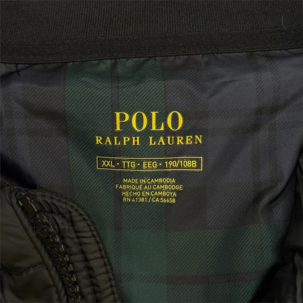 Polo Ralph Lauren Mens Black Hooded Quilted Hybrid Puffer Vest XXL Plaid Lining